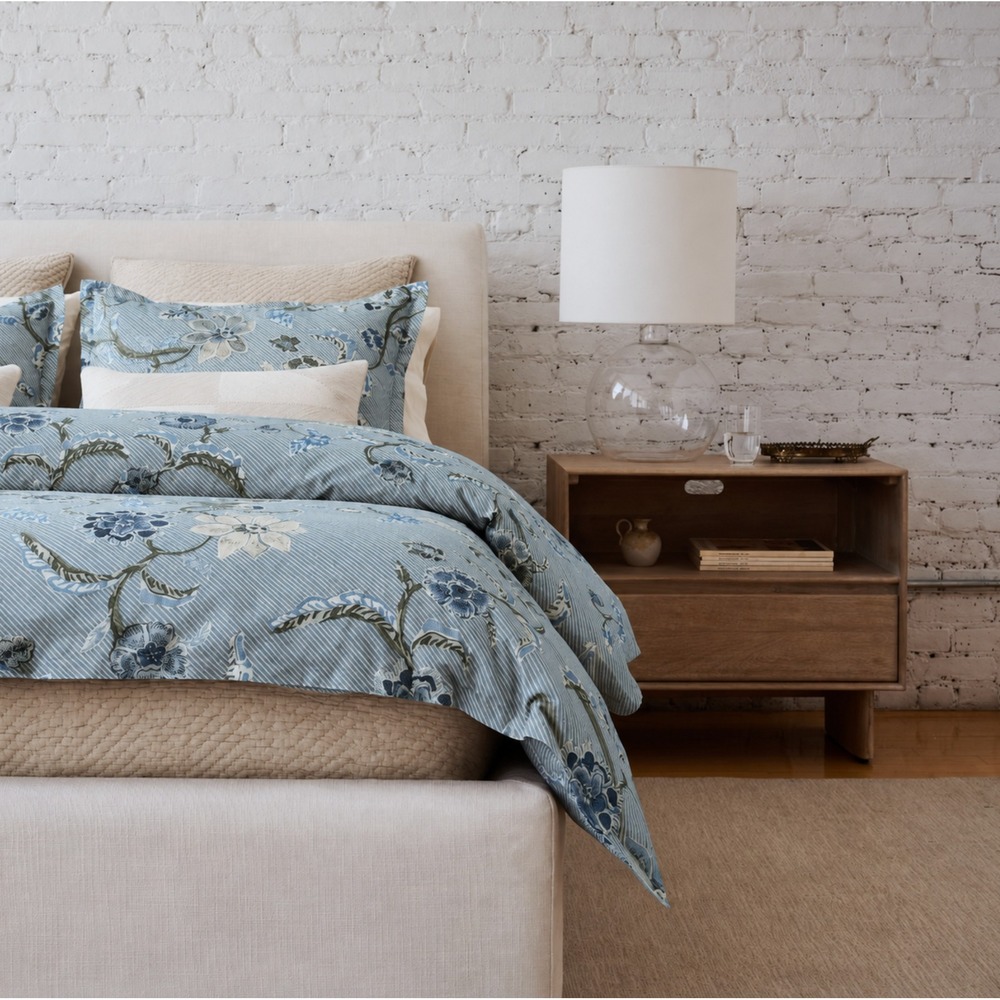 West Elm Batik Floral Duvet Cover Blue Botanical Pinstripe Bedding NWT - QUEEN